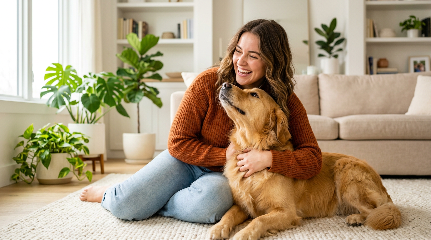 Happy owner with a well-trained dog