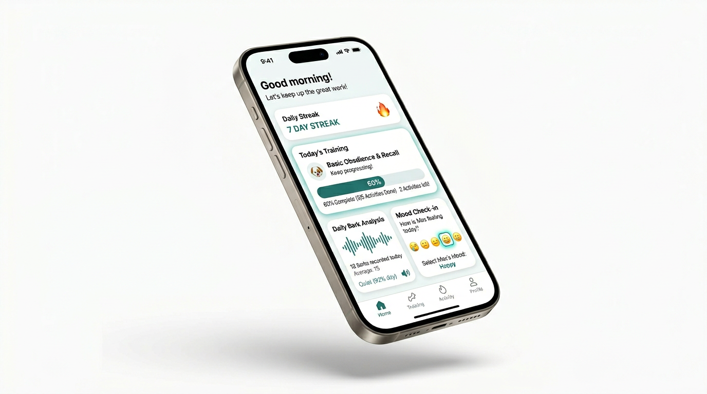 Pupora app dashboard showing daily training, daily drills, and mood check-in